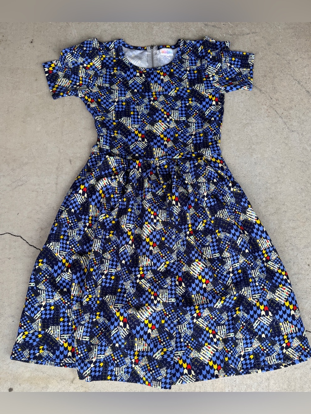 Ms. Frizzle Blue Red yellow Geometric Zip Back Fit Flare Dress M Pockets teacher